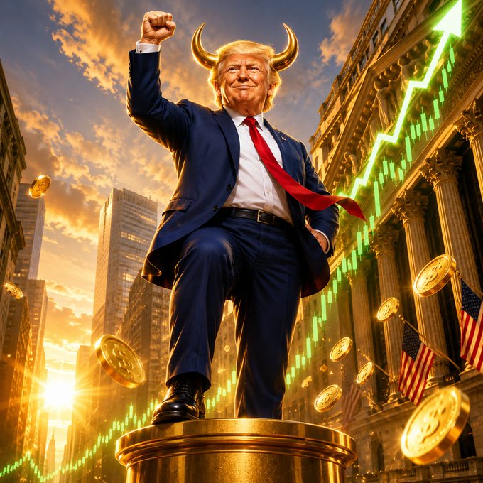 Trump the Bull on a golden pedestal with rising green market candles