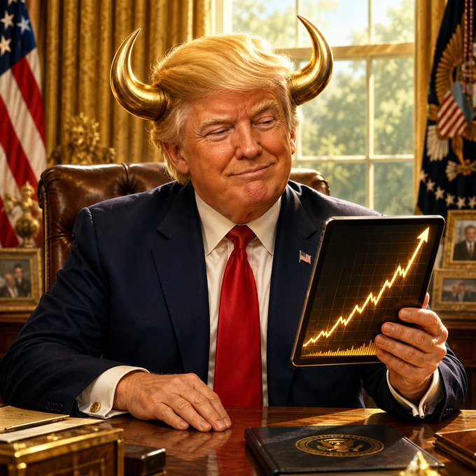 Trump the Bull reviewing a rising gold market chart on a tablet