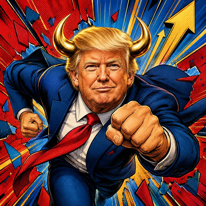 Trump the Bull charging forward with golden horns and upward market arrows